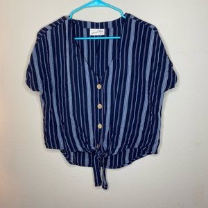 Navy Blue striped front tie Top